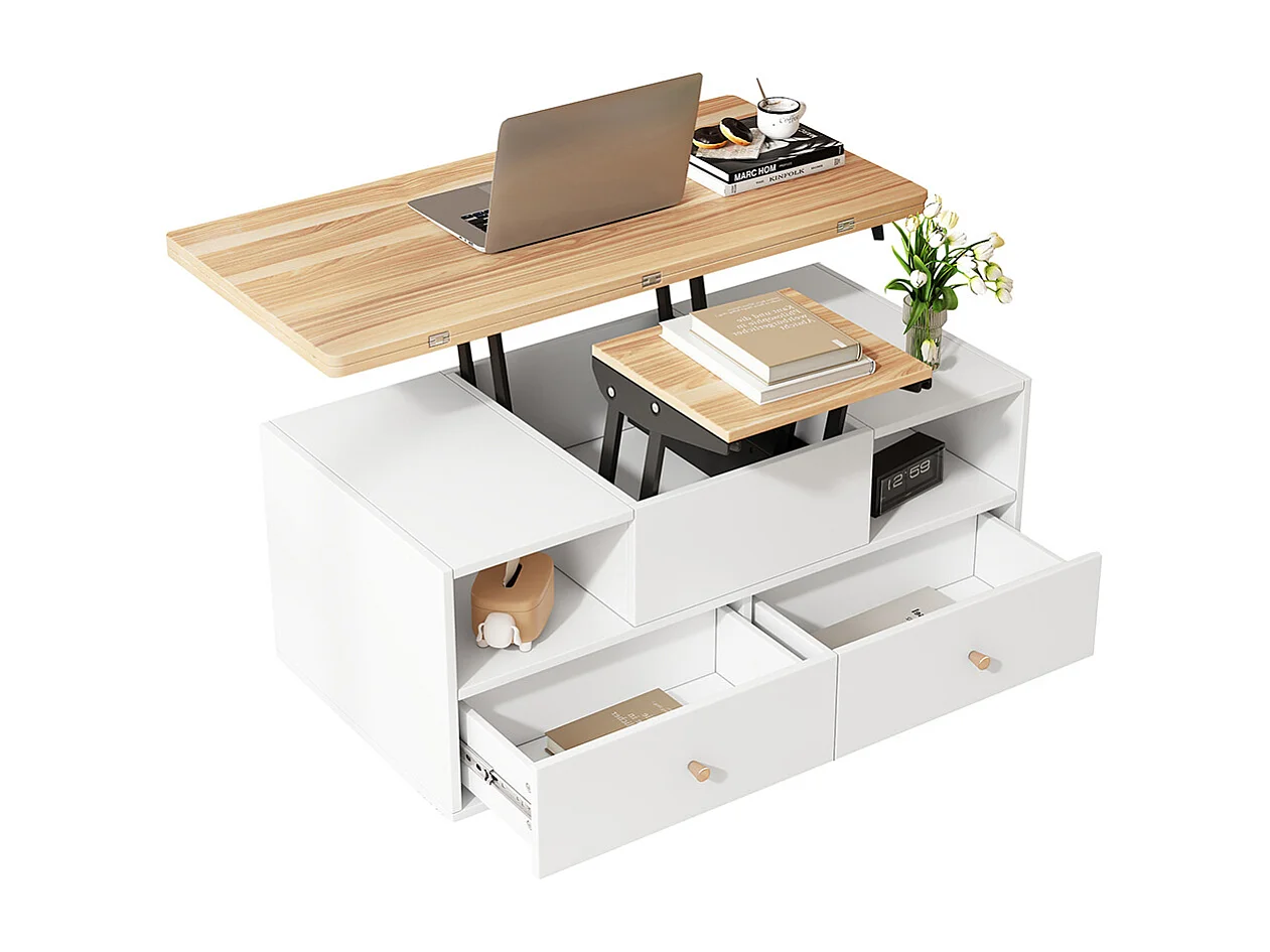 Verstelbare opklapbare salontafel 100x50x47 cm 4 lades hydraulische wieltjes