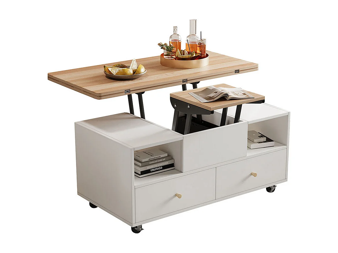 Verstelbare opklapbare salontafel 100x50x47 cm 4 lades hydraulische wieltjes