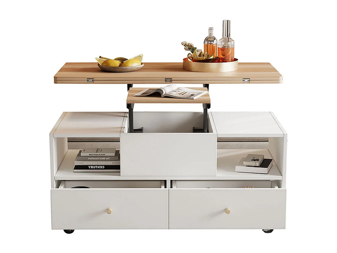 Verstelbare opklapbare salontafel 100x50x47 cm 4 lades hydraulische wieltjes