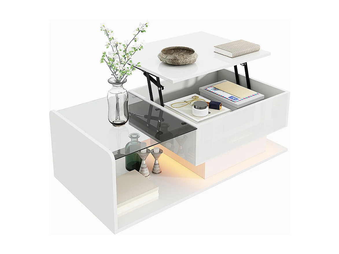 Table basse blanc brillant verre effet LED plateau verre