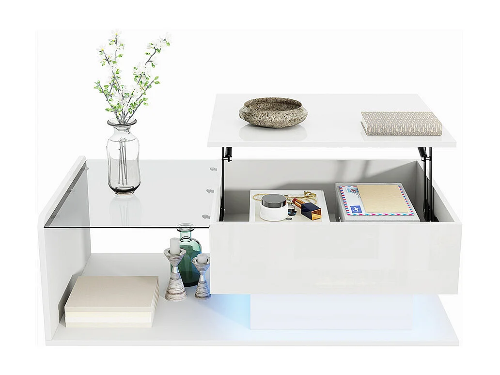 Table basse blanc brillant verre effet LED plateau verre