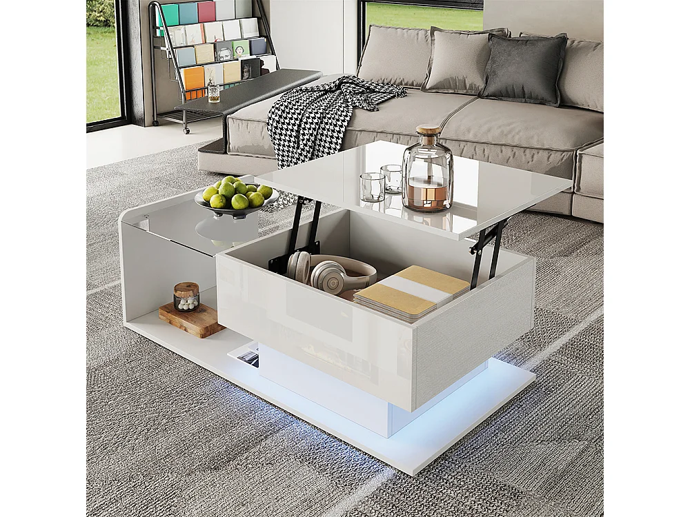 Table basse blanc brillant verre effet LED plateau verre