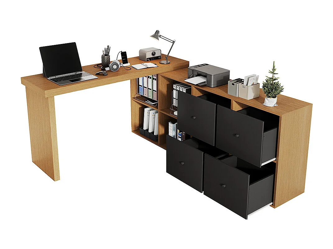 Bureau plateau pivotant 360° disposition L ou droite MDF 4 compartiments 4 tiroirs naturel flexible ordinateur