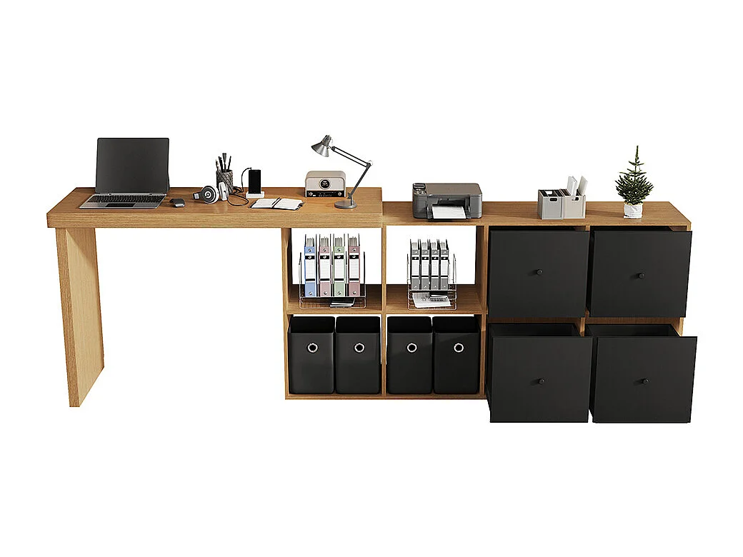 Bureau plateau pivotant 360° disposition L ou droite MDF 4 compartiments 4 tiroirs naturel flexible ordinateur