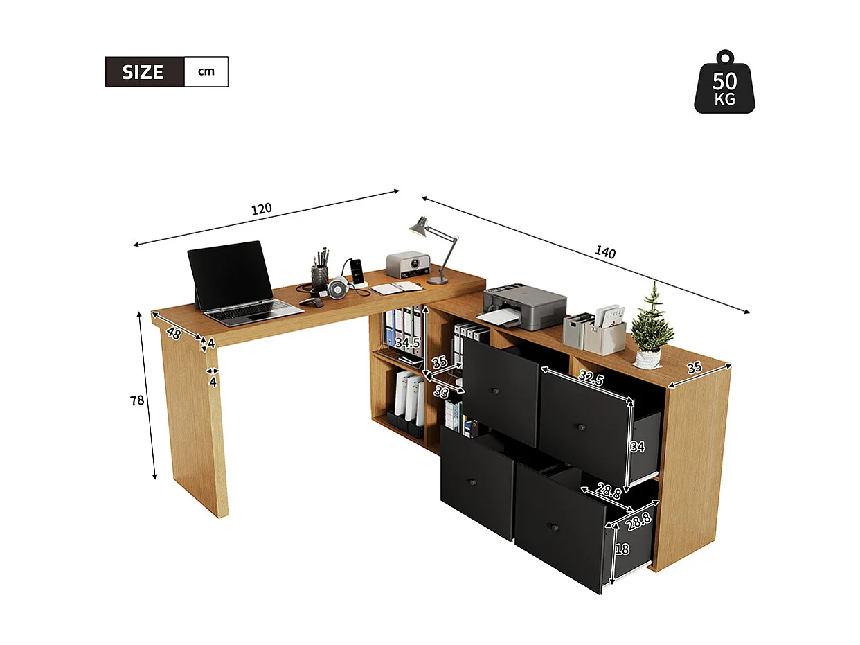 Bureau plateau pivotant 360° disposition L ou droite MDF 4 compartiments 4 tiroirs naturel flexible ordinateur