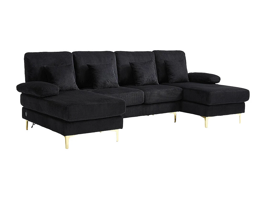 Moderne hoekbank met ledverlichting USB-C-poort massief houten frame 4 kussens ergonomische rugleuning maximaal comfort zwart