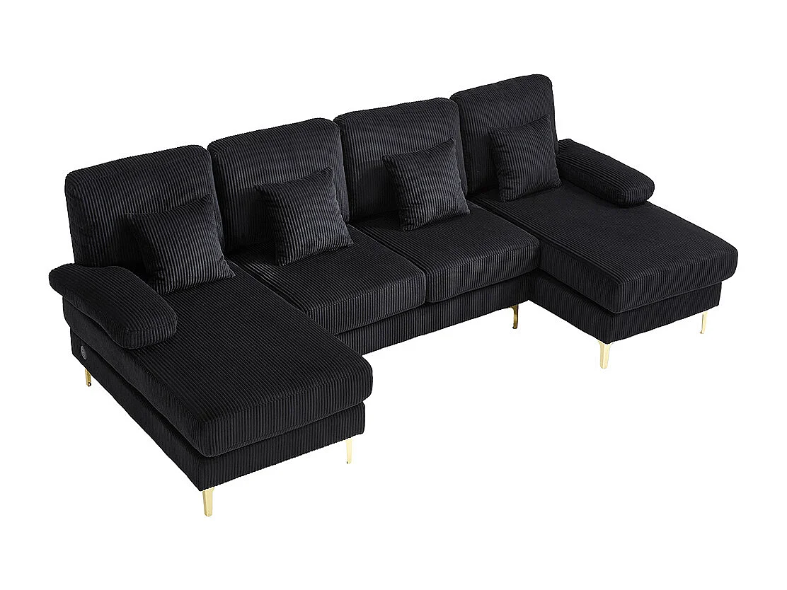 Moderne hoekbank met ledverlichting USB-C-poort massief houten frame 4 kussens ergonomische rugleuning maximaal comfort zwart