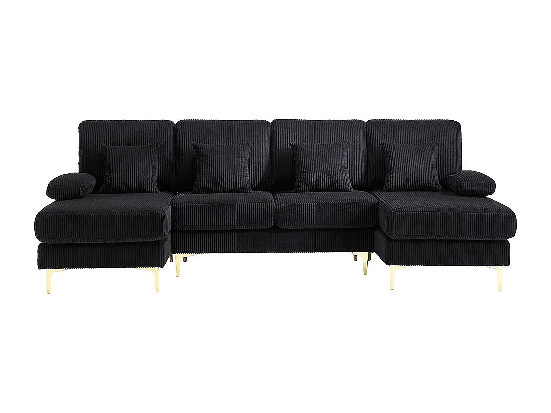 Moderne hoekbank met ledverlichting USB-C-poort massief houten frame 4 kussens ergonomische rugleuning maximaal comfort zwart