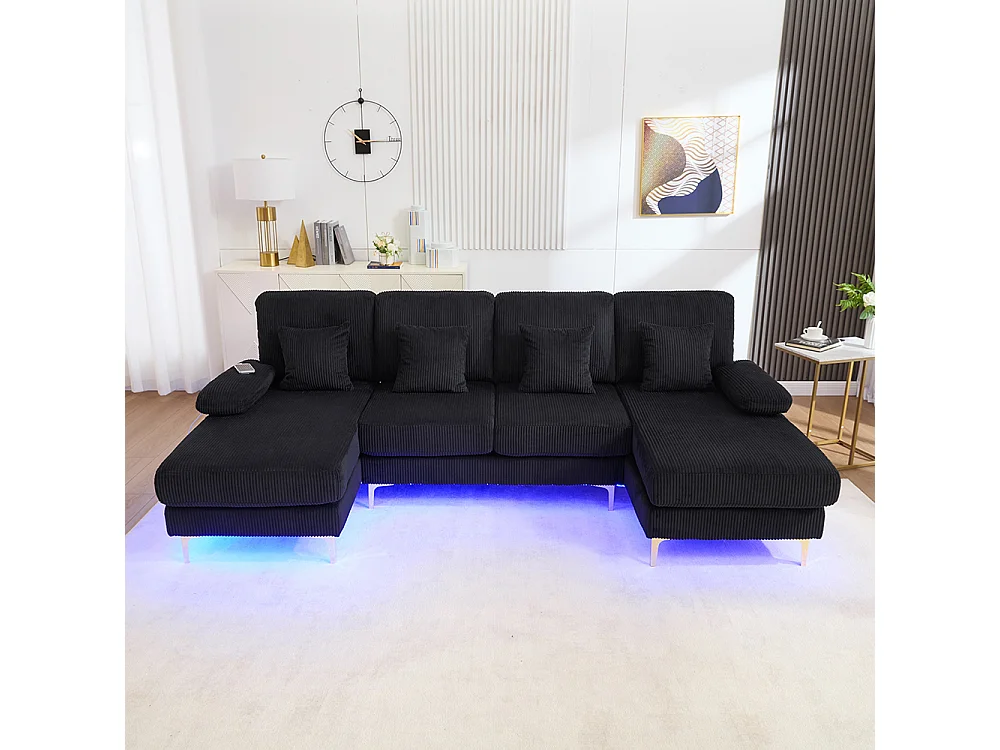 Moderne hoekbank met ledverlichting USB-C-poort massief houten frame 4 kussens ergonomische rugleuning maximaal comfort zwart