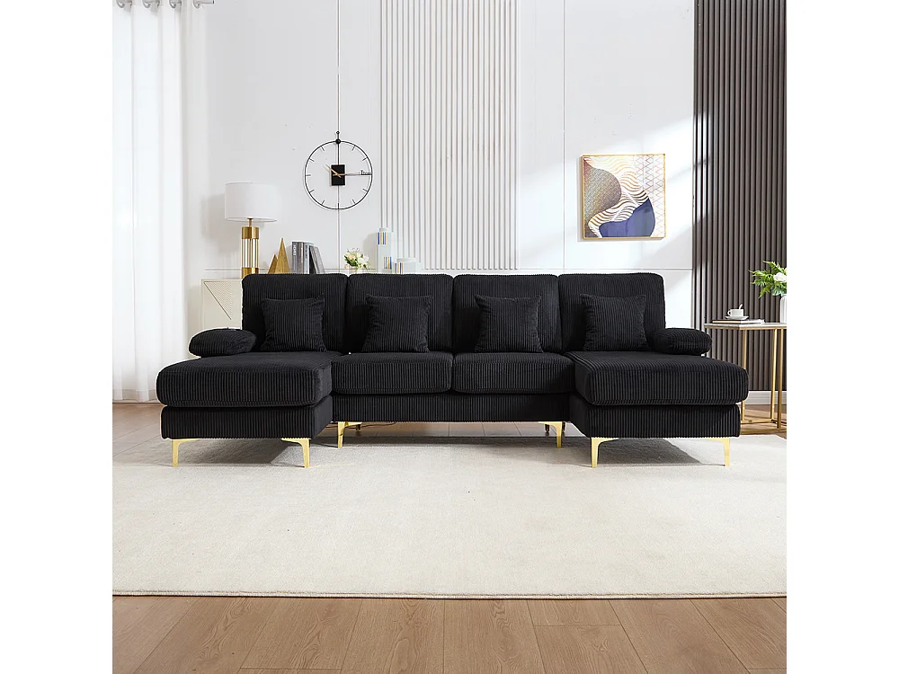 Moderne hoekbank met ledverlichting USB-C-poort massief houten frame 4 kussens ergonomische rugleuning maximaal comfort zwart