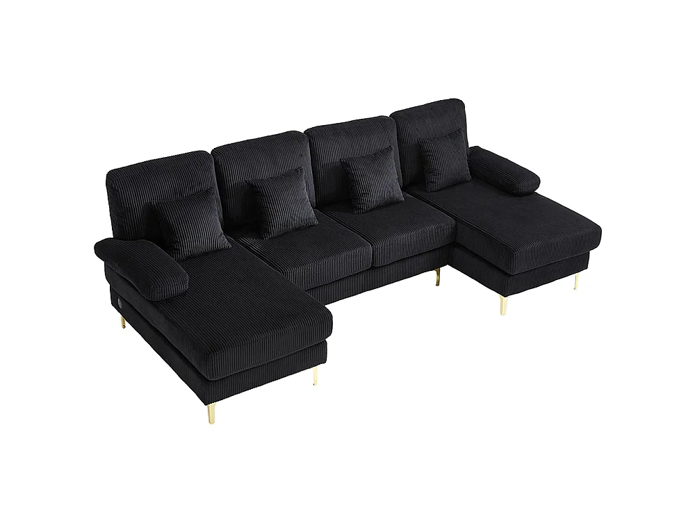 Moderne hoekbank met ledverlichting USB-C-poort massief houten frame 4 kussens ergonomische rugleuning maximaal comfort zwart
