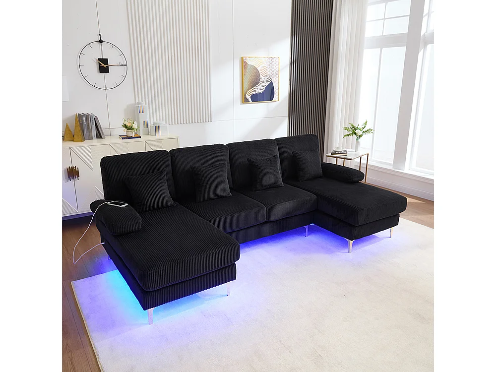 Moderne hoekbank met ledverlichting USB-C-poort massief houten frame 4 kussens ergonomische rugleuning maximaal comfort zwart