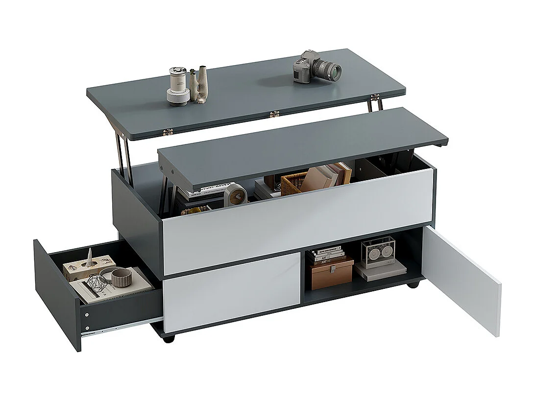 Table basse réglable 100x98x65 cm gris blanc rangement caché tablette roulettes tiroirs