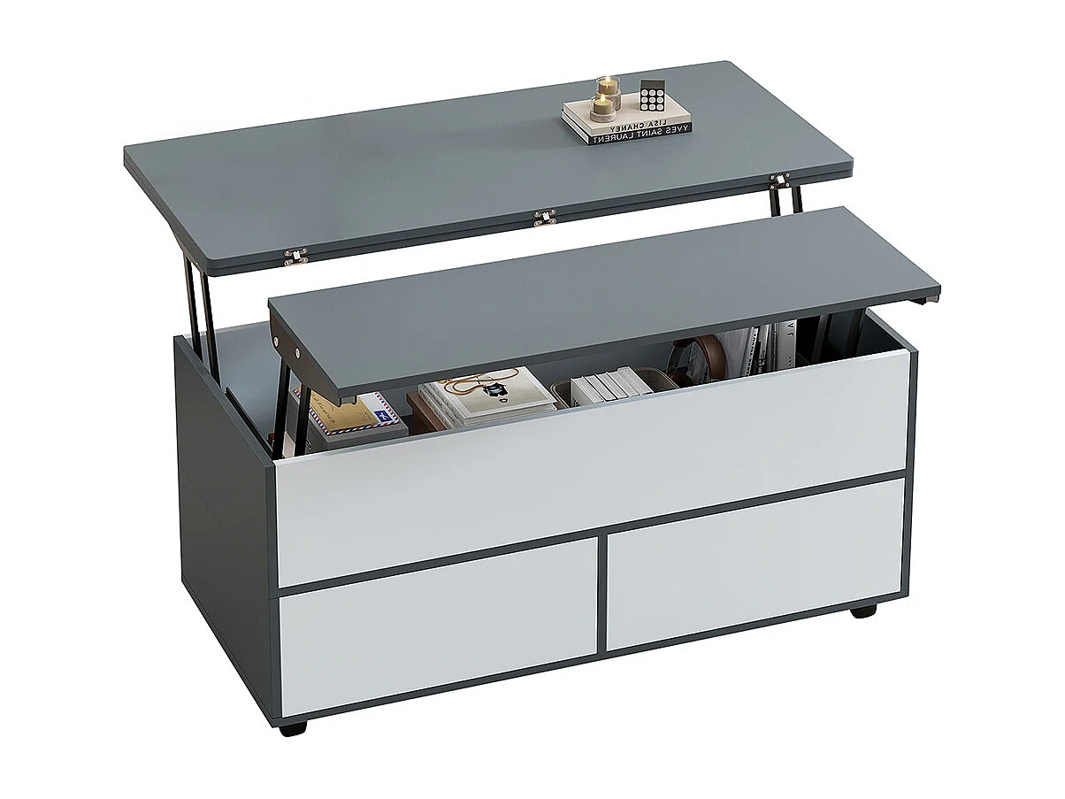 Table basse réglable 100x98x65 cm gris blanc rangement caché tablette roulettes tiroirs