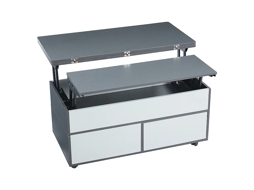 Table basse réglable 100x98x65 cm gris blanc rangement caché tablette roulettes tiroirs