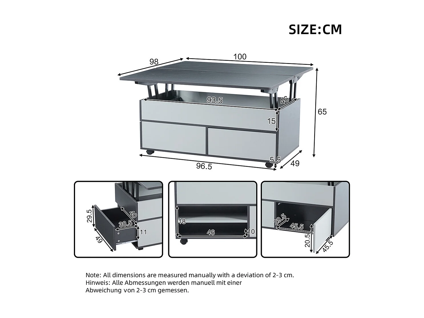 Table basse réglable 100x98x65 cm gris blanc rangement caché tablette roulettes tiroirs