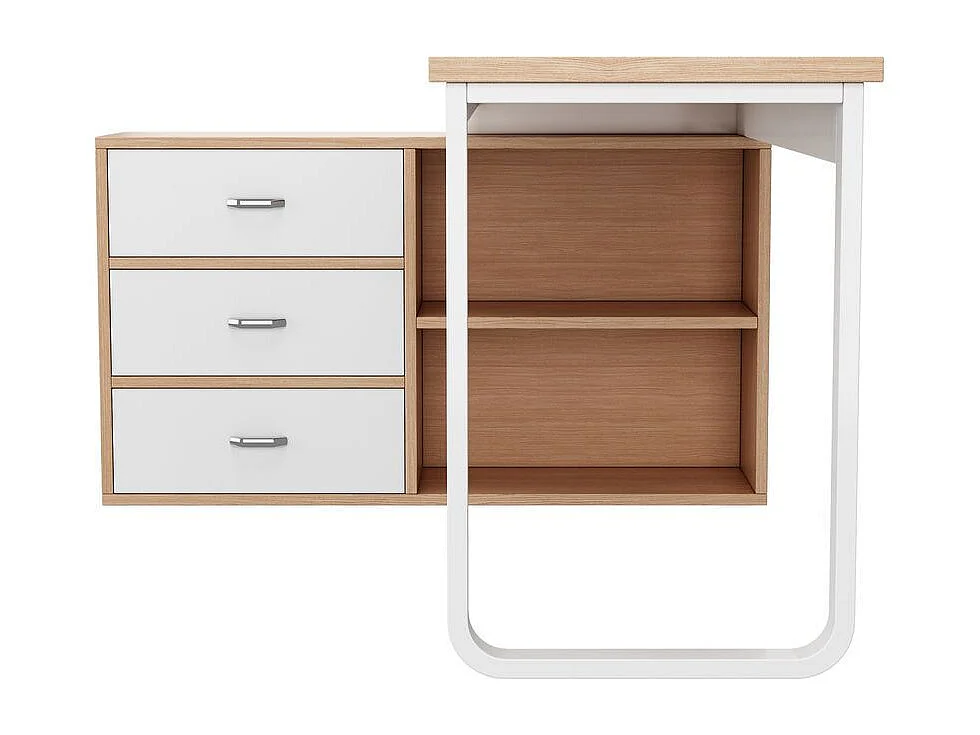 Bureau simple trois tiroirs deux casiers ouverts tube acier plateau large epais charge stable naturel