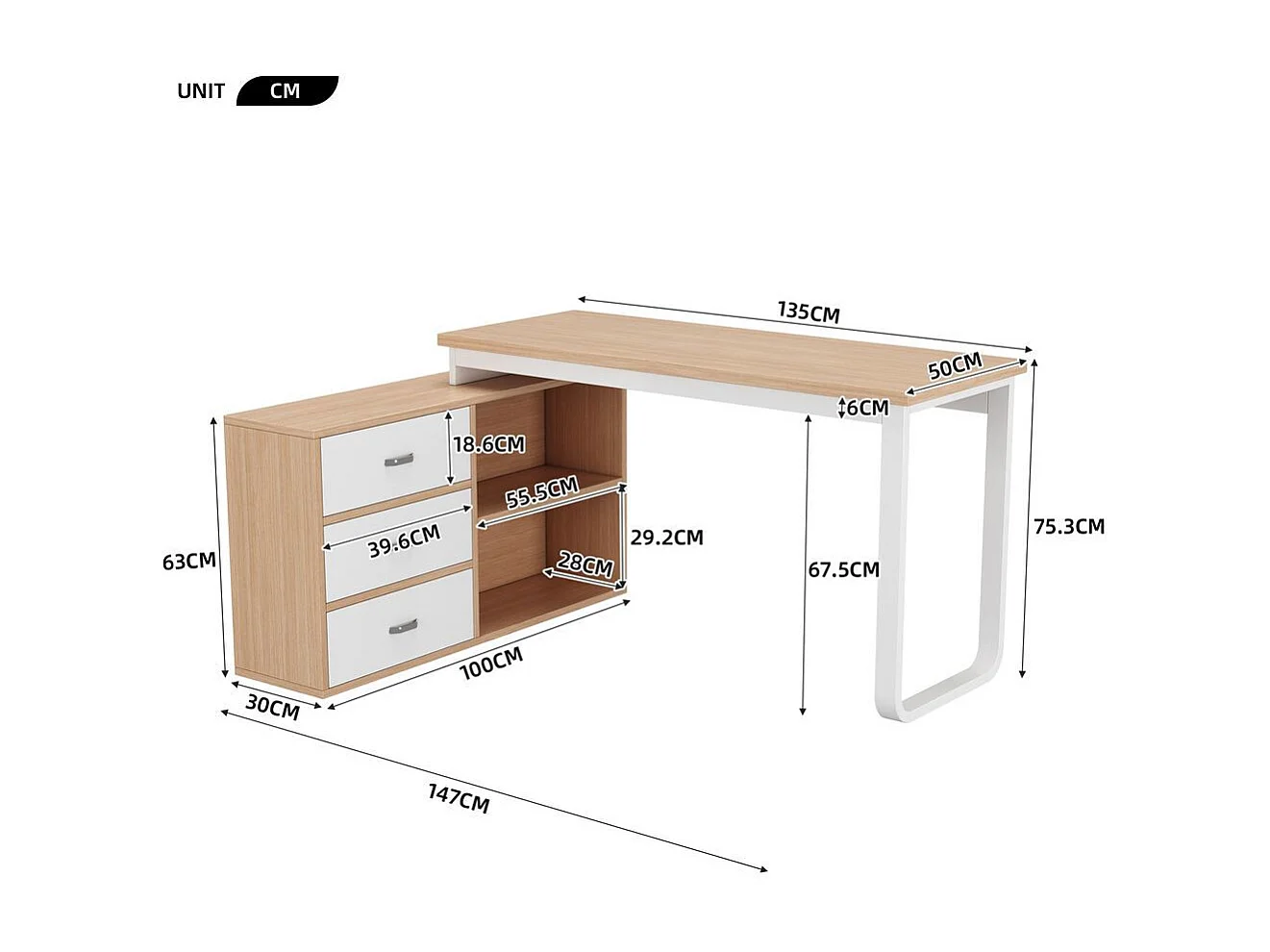 Bureau simple trois tiroirs deux casiers ouverts tube acier plateau large epais charge stable naturel