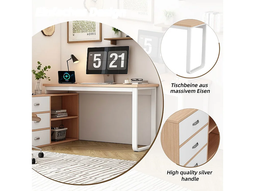 Bureau simple trois tiroirs deux casiers ouverts tube acier plateau large epais charge stable naturel