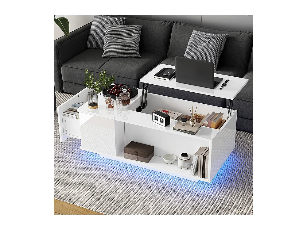 Table basse réglable 100x50x40 cm blanc rangement caché LED tiroir