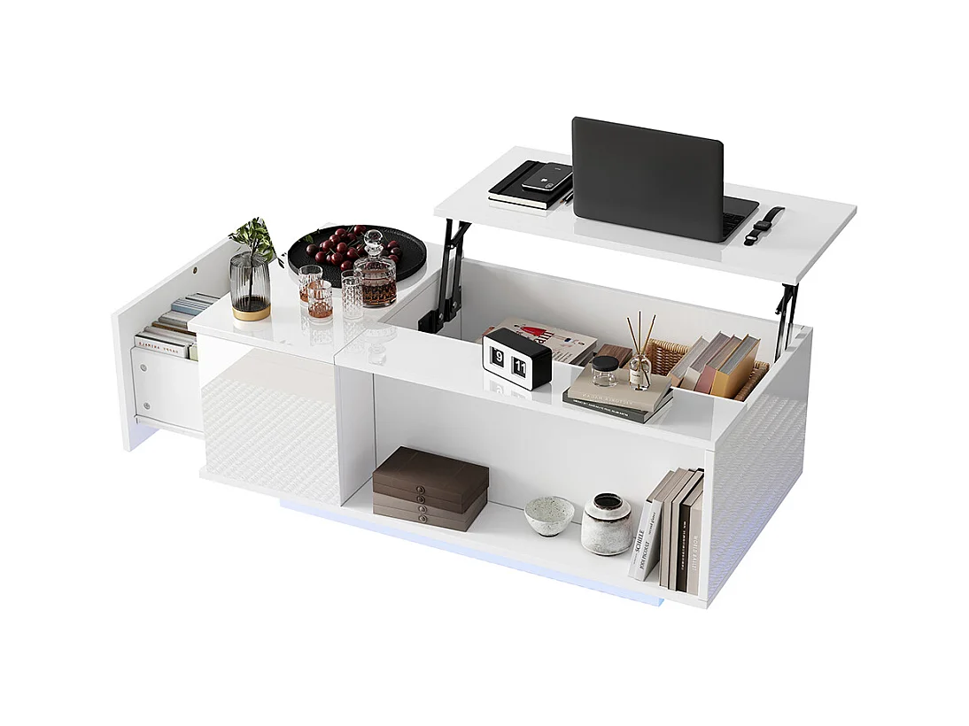 Table basse réglable 100x50x40 cm blanc rangement caché LED tiroir