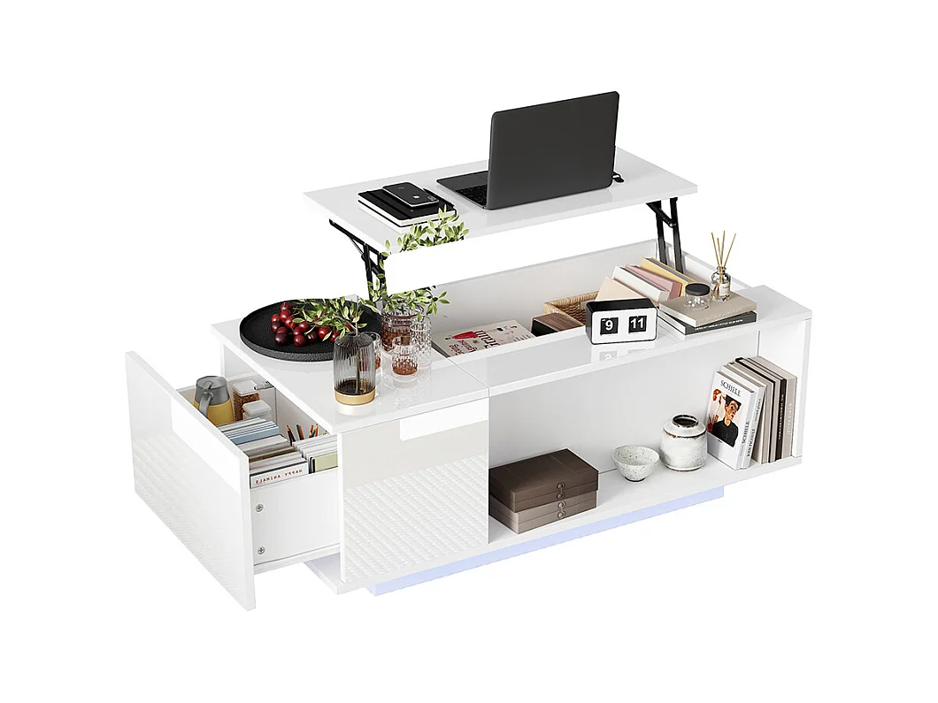 Table basse réglable 100x50x40 cm blanc rangement caché LED tiroir