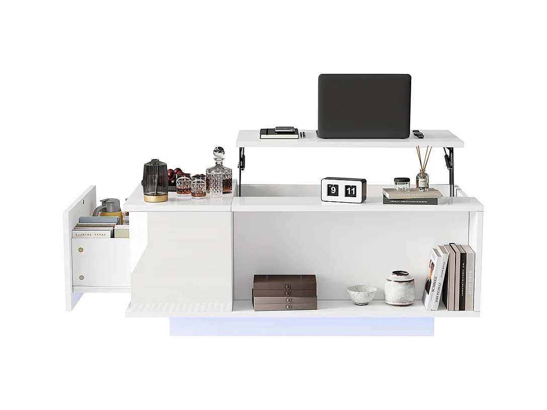 Table basse réglable 100x50x40 cm blanc rangement caché LED tiroir