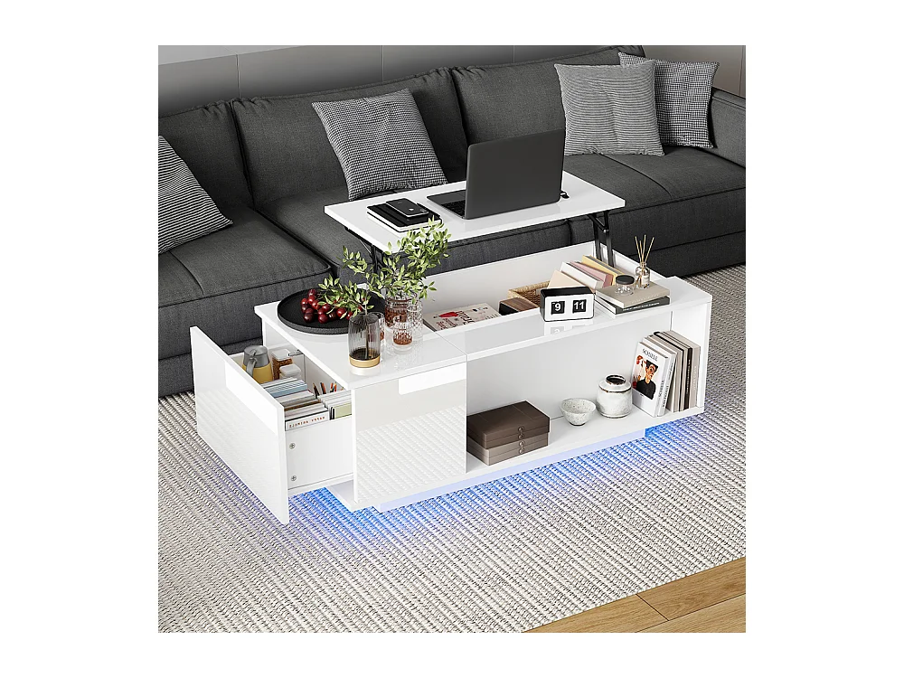 Table basse réglable 100x50x40 cm blanc rangement caché LED tiroir