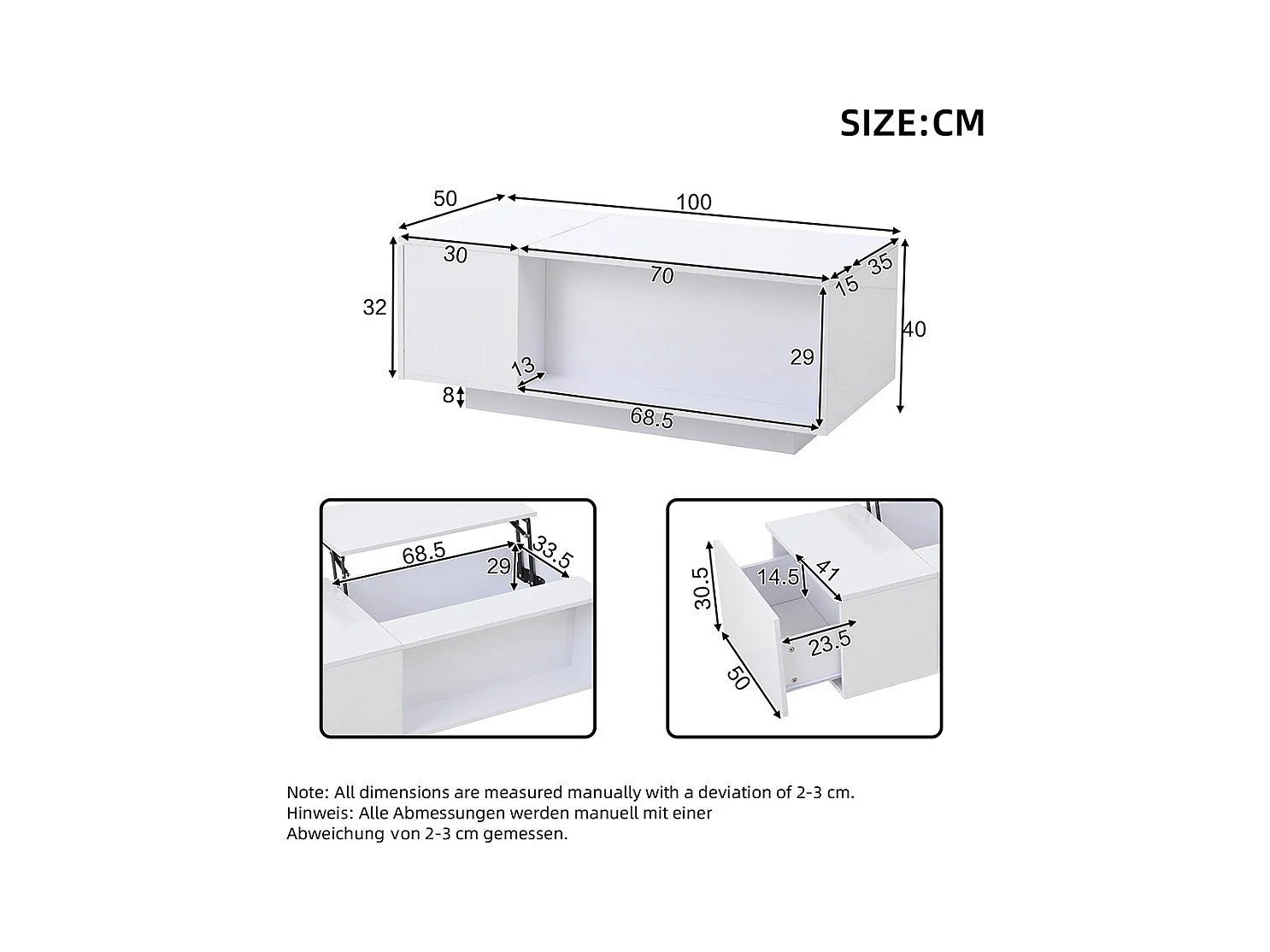 Table basse réglable 100x50x40 cm blanc rangement caché LED tiroir