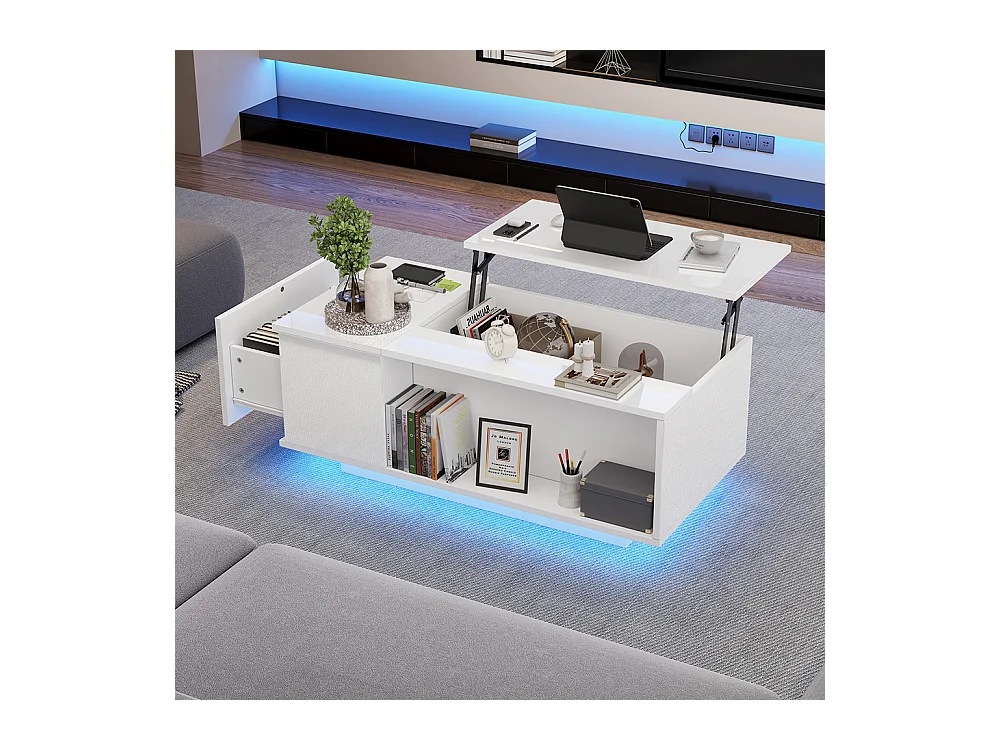 Table basse réglable 100x50x40 cm blanc rangement caché LED tiroir