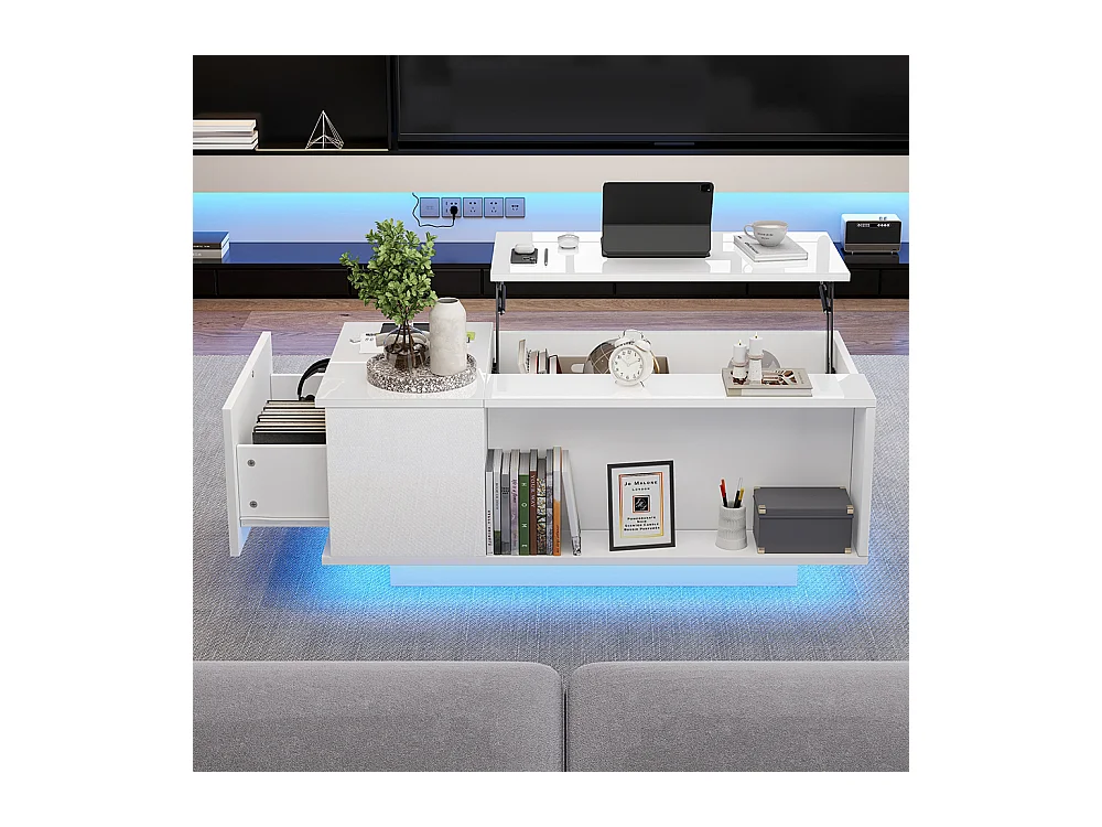 Table basse réglable 100x50x40 cm blanc rangement caché LED tiroir