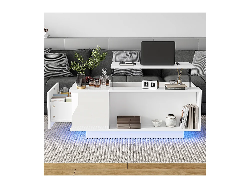 Table basse réglable 100x50x40 cm blanc rangement caché LED tiroir