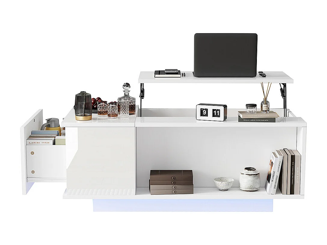 Table basse réglable 100x50x40 cm blanc rangement caché LED tiroir