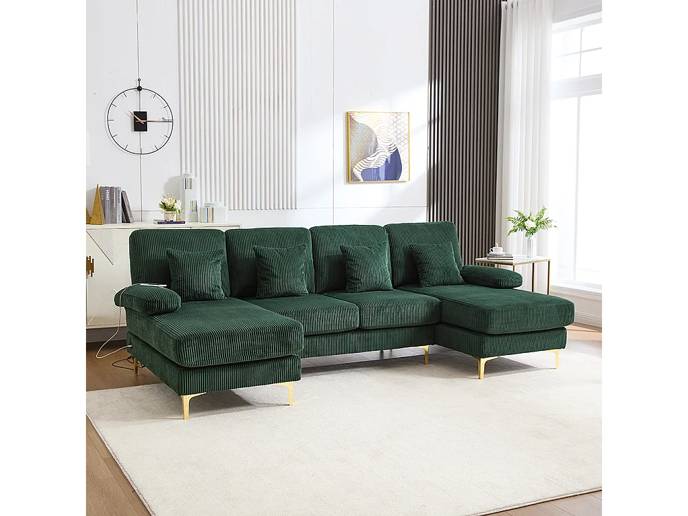 Moderne hoekbank met ledverlichting USB-C-poort massief houten frame 4 kussens ergonomische rugleuning maximaal comfort smaragdgroen