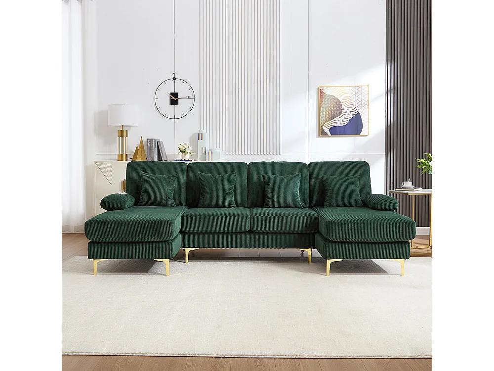 Moderne hoekbank met ledverlichting USB-C-poort massief houten frame 4 kussens ergonomische rugleuning maximaal comfort smaragdgroen