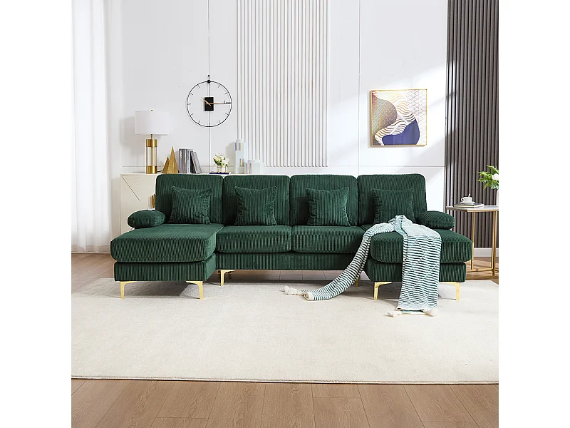 Moderne hoekbank met ledverlichting USB-C-poort massief houten frame 4 kussens ergonomische rugleuning maximaal comfort smaragdgroen