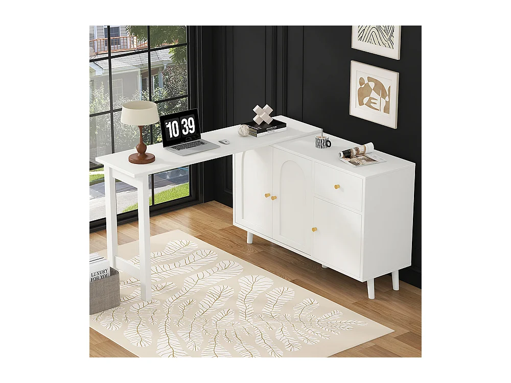 Bureau multifonction 2 en 1 buffet pivotant 360° 3 portes 1 tiroir certifié FSC élégant ordinateur dangle coiffeuse buffet