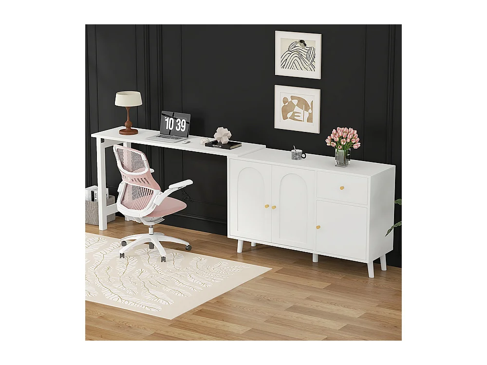 Bureau multifonction 2 en 1 buffet pivotant 360° 3 portes 1 tiroir certifié FSC élégant ordinateur dangle coiffeuse buffet