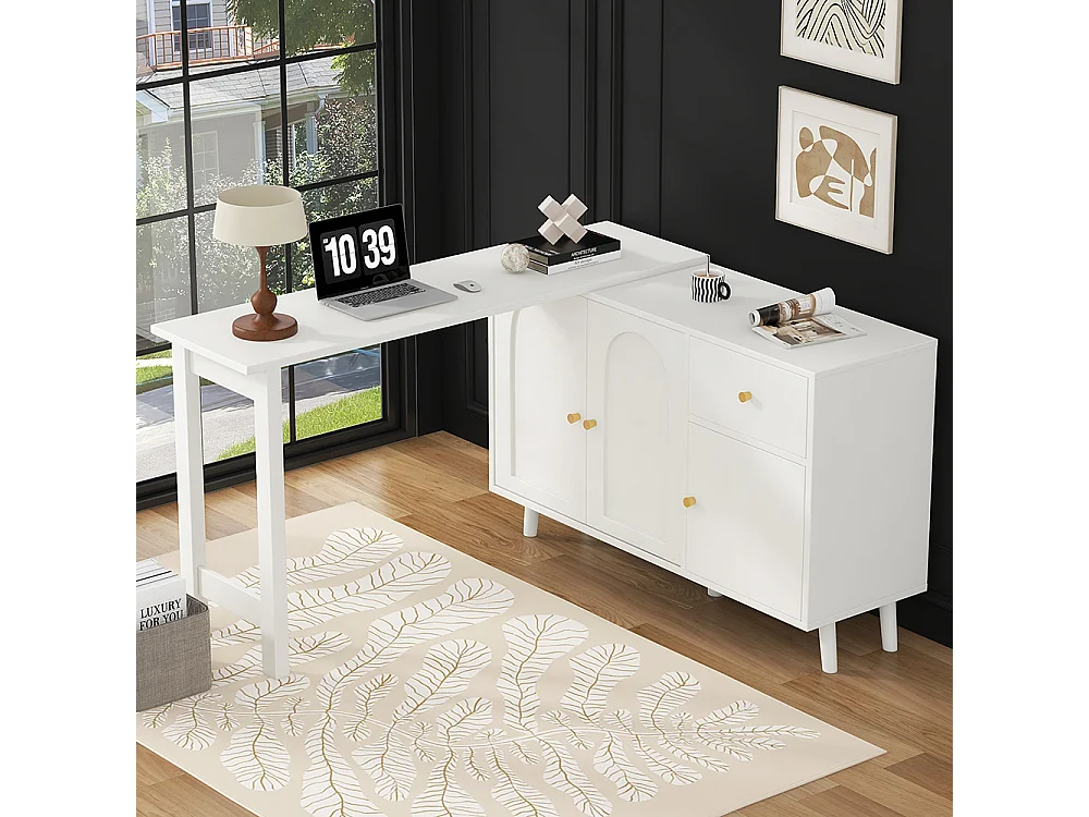 Bureau multifonction 2 en 1 buffet pivotant 360° 3 portes 1 tiroir certifié FSC élégant ordinateur dangle coiffeuse buffet