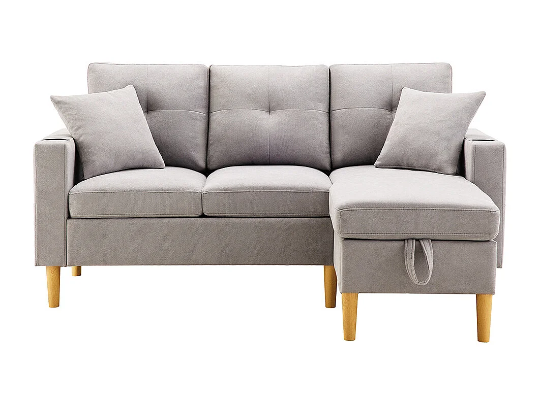 Canapé d'anglemoderne L 3 places chaise longue espace rangement porte-gobelet intégré 2 coussins multi-usage gris clair