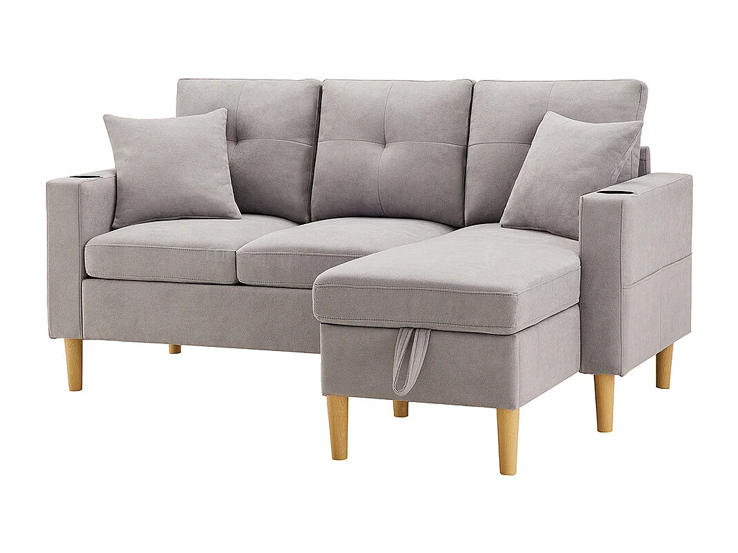 Canapé d'anglemoderne L 3 places chaise longue espace rangement porte-gobelet intégré 2 coussins multi-usage gris clair