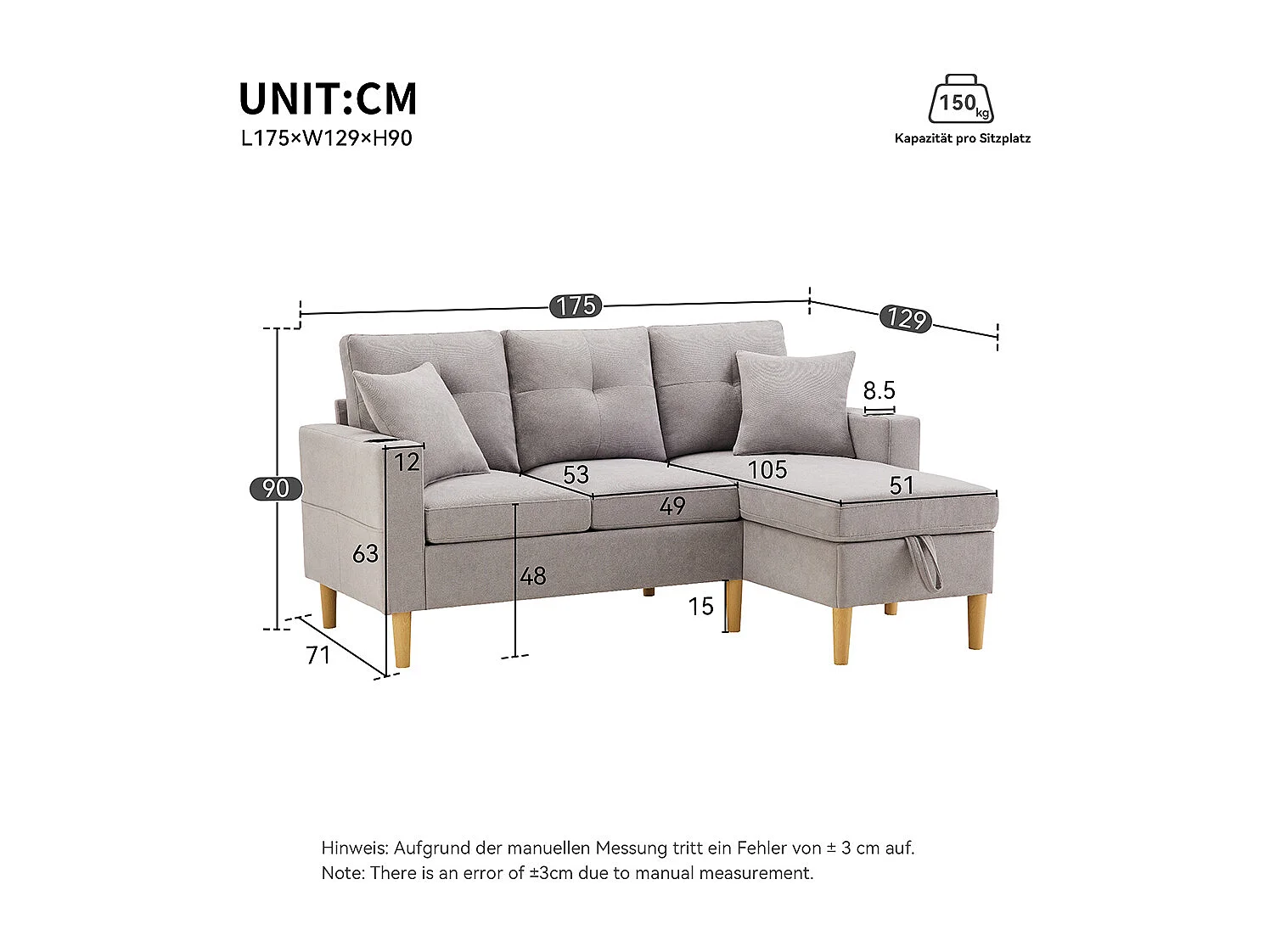 Canapé d'anglemoderne L 3 places chaise longue espace rangement porte-gobelet intégré 2 coussins multi-usage gris clair