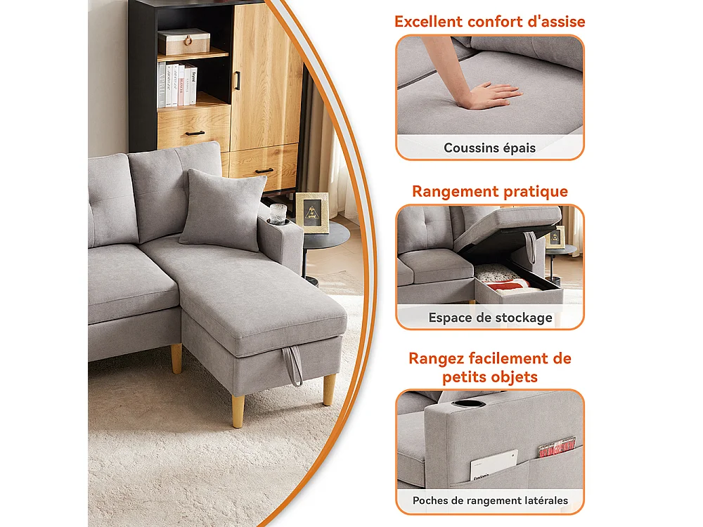 Canapé d'anglemoderne L 3 places chaise longue espace rangement porte-gobelet intégré 2 coussins multi-usage gris clair