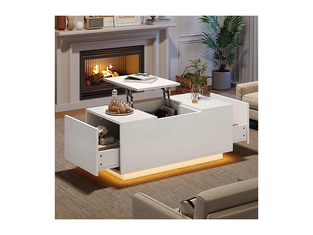 Table basse relevable 95x48x40 cm blanc plateau réglable LED extensible 2 tiroirs