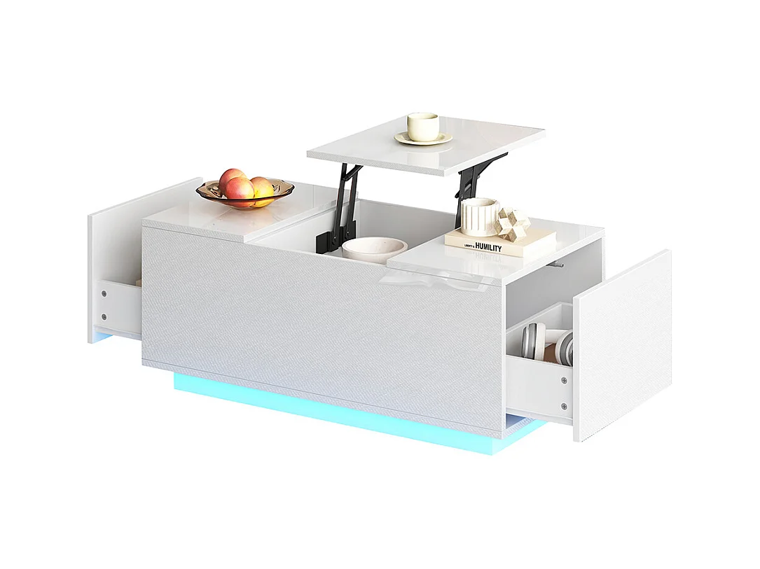 Table basse relevable 95x48x40 cm blanc plateau réglable LED extensible 2 tiroirs