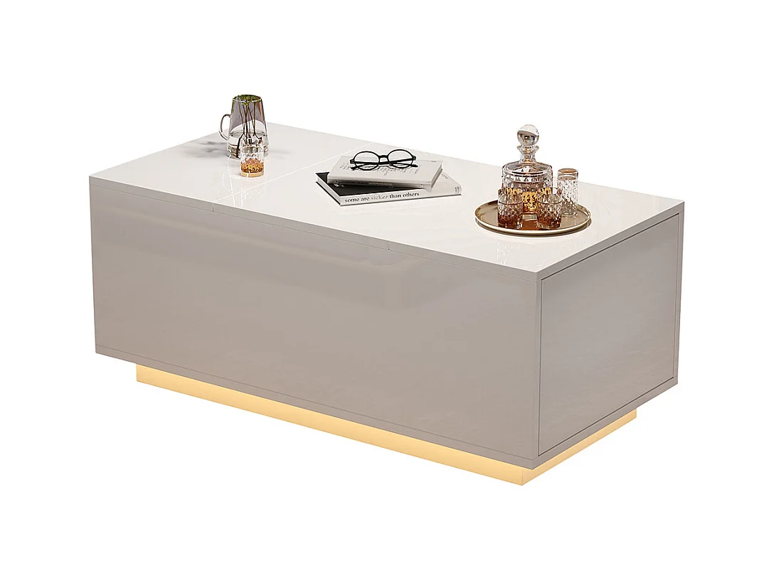 Table basse relevable 95x48x40 cm blanc plateau réglable LED extensible 2 tiroirs