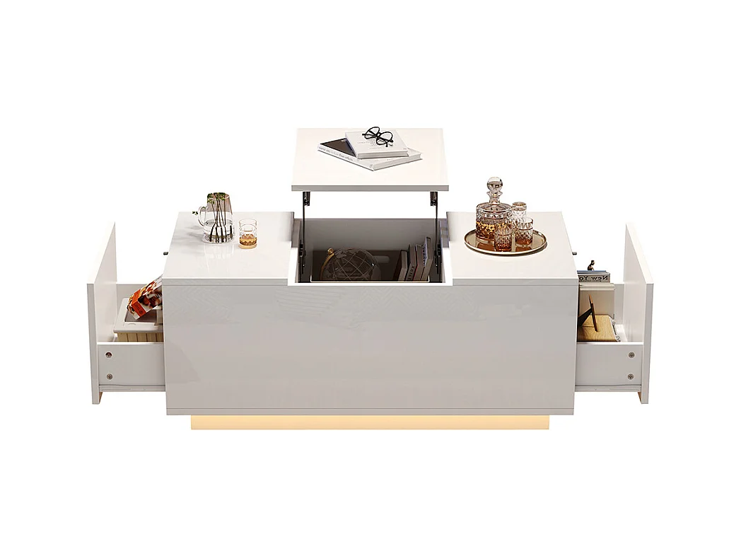 Table basse relevable 95x48x40 cm blanc plateau réglable LED extensible 2 tiroirs
