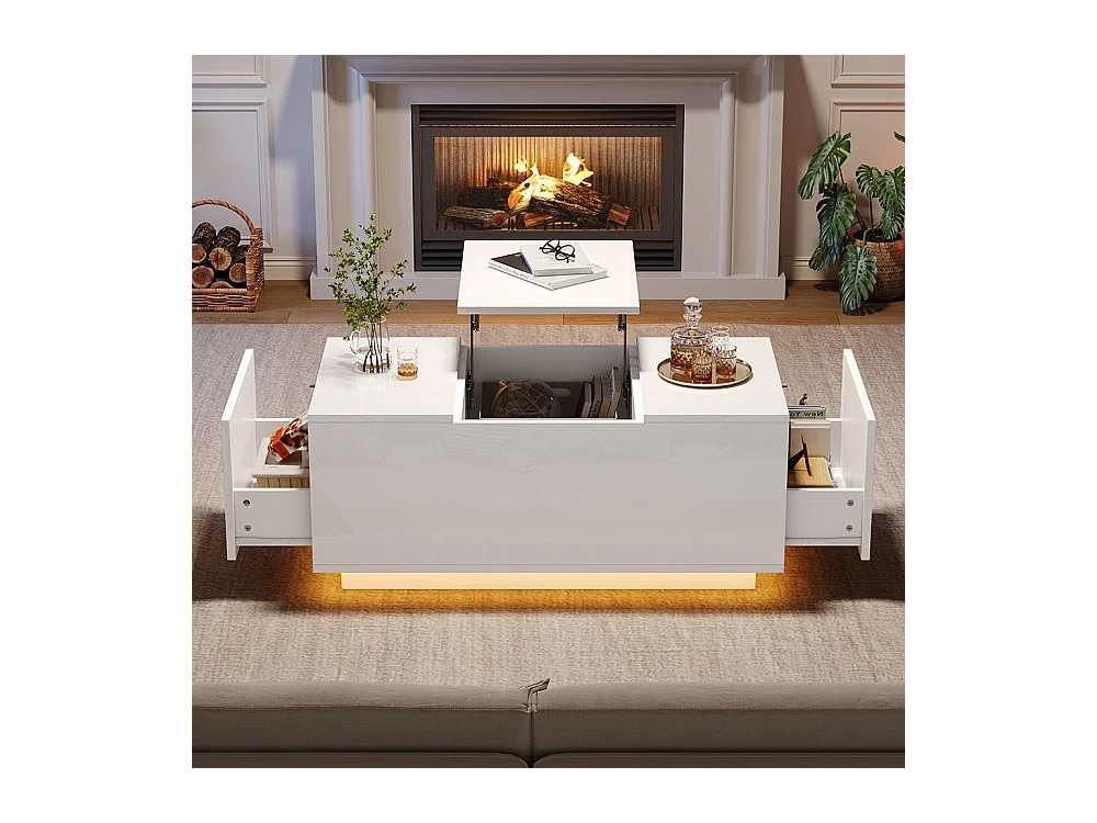 Table basse relevable 95x48x40 cm blanc plateau réglable LED extensible 2 tiroirs