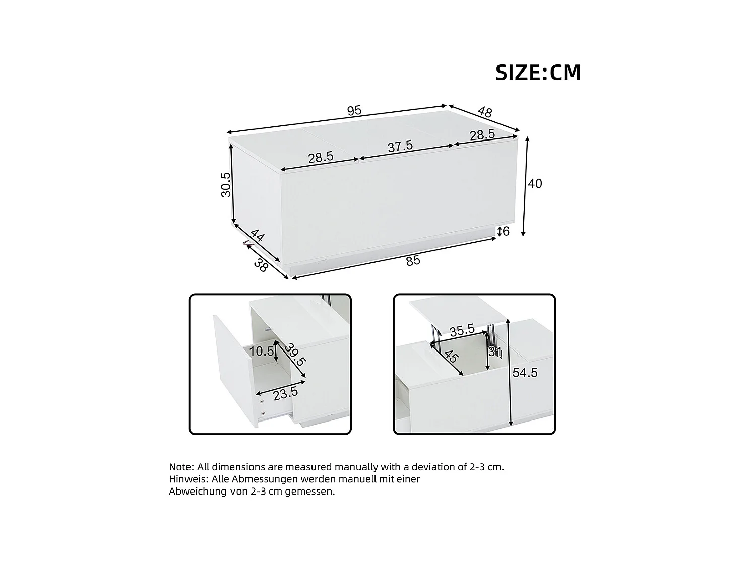Table basse relevable 95x48x40 cm blanc plateau réglable LED extensible 2 tiroirs