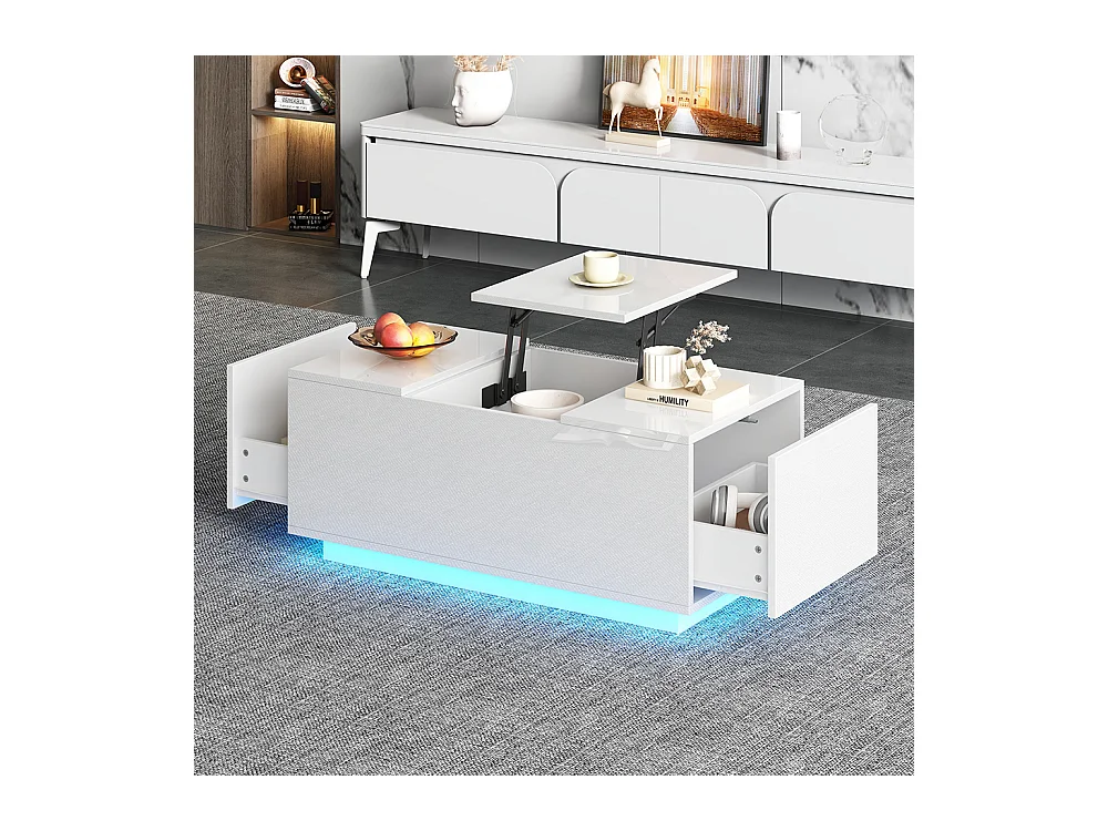 Table basse relevable 95x48x40 cm blanc plateau réglable LED extensible 2 tiroirs